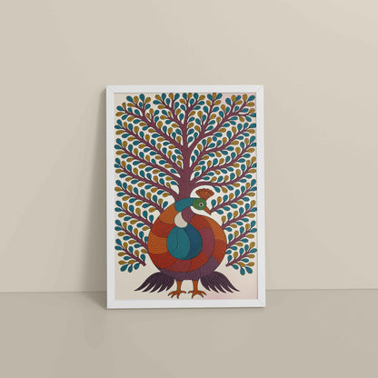 Floor View of Tree of Elegance – Traditional Peacock Gond Art Painting in White Color Frame