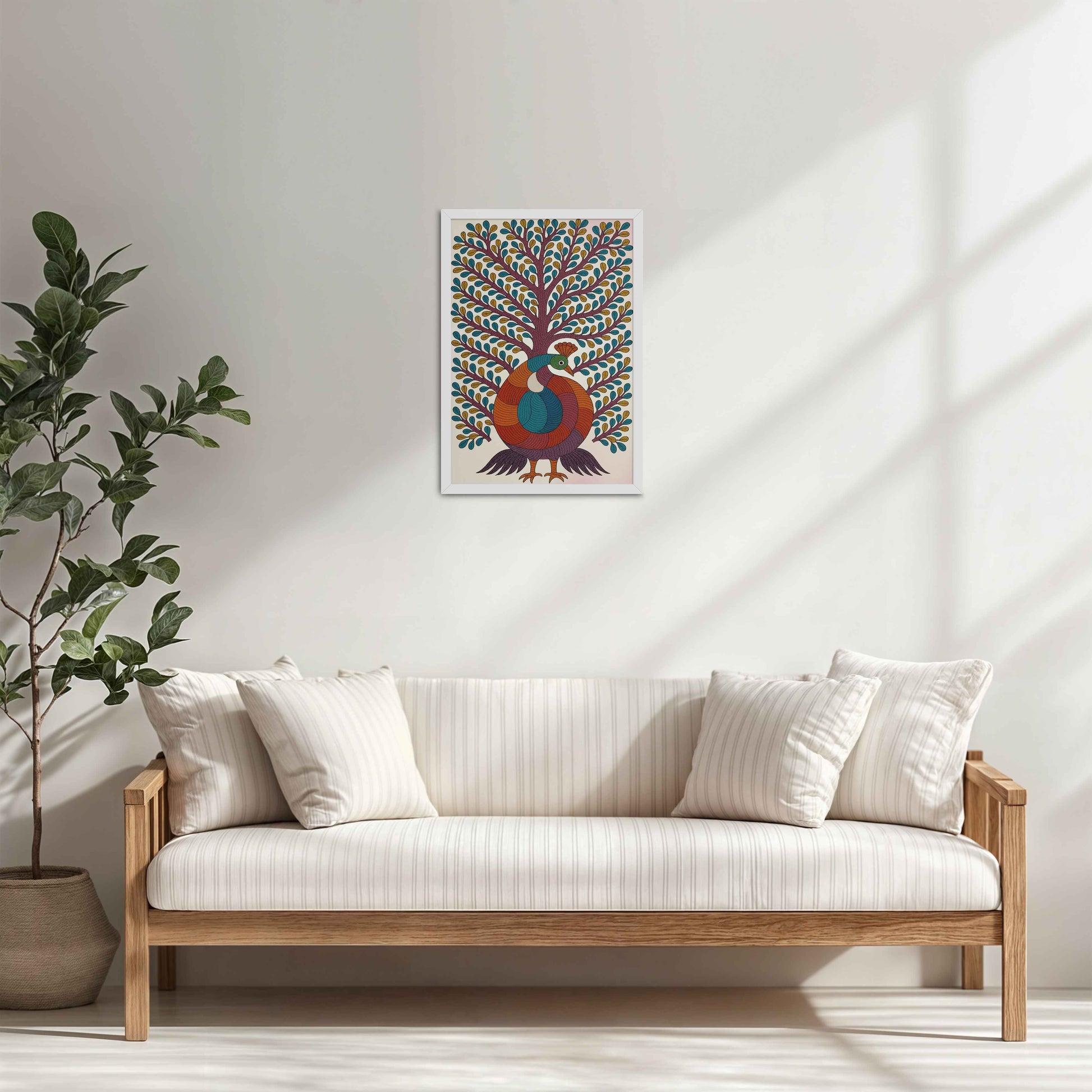 Living Room Cabinet Table Preview of Tree of Elegance – Traditional Peacock Gond Art Painting in White Color Frame