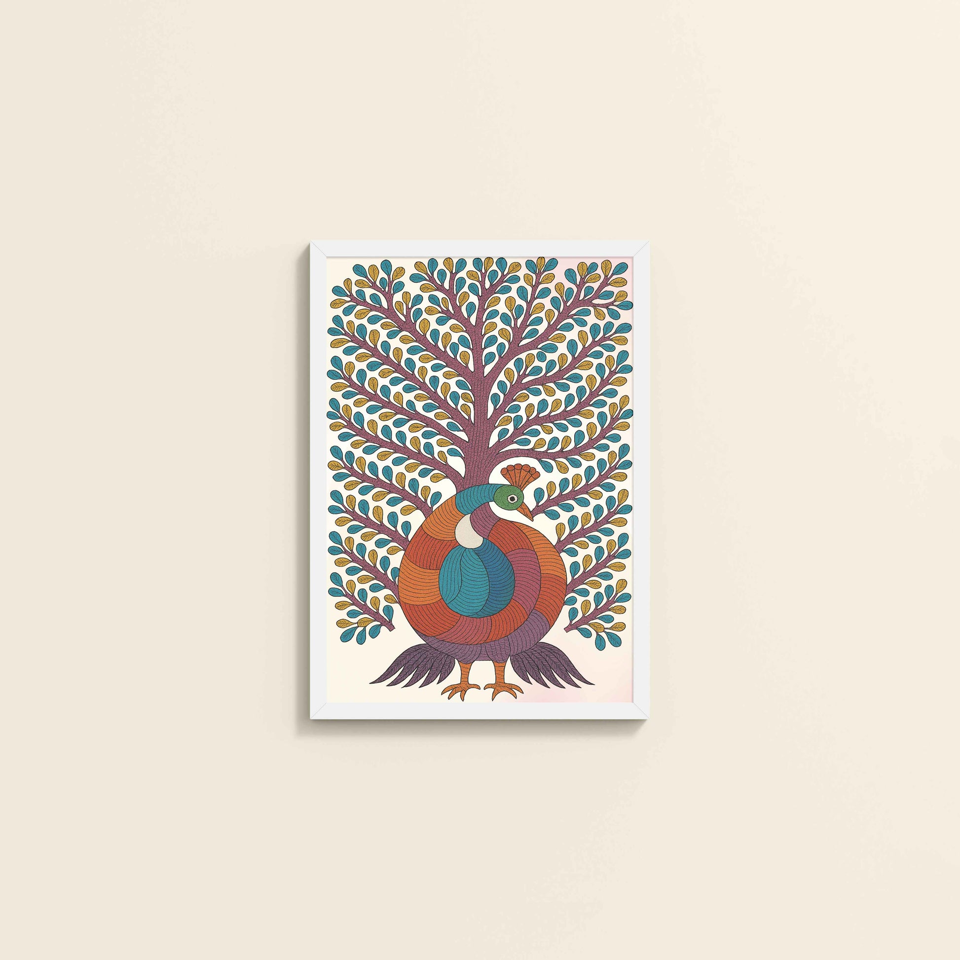 Wall View of Tree of Elegance – Traditional Peacock Gond Art Painting in White Color Frame