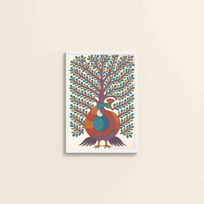 Wall View of Tree of Elegance – Traditional Peacock Gond Art Painting in White Color Frame