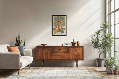 Living Room Sofa Preview of Forest Beauty – Deer & Tree in Traditional Gond Art in Black Color Frame