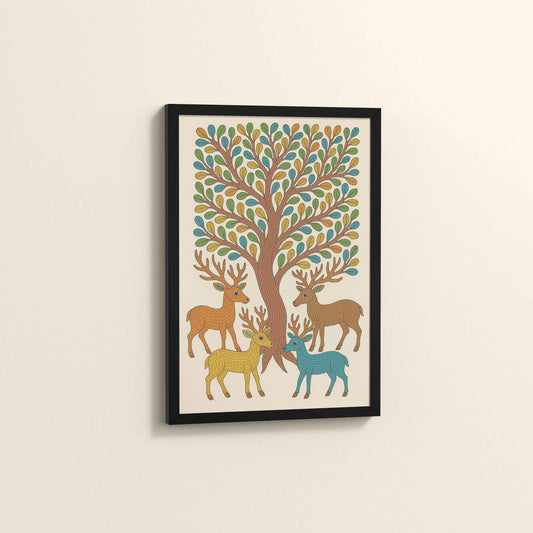 Side View of Forest Beauty – Deer & Tree in Traditional Gond Art in Black Color Frame