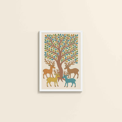 Wall View of Forest Beauty – Deer & Tree in Traditional Gond Art in White Color Frame