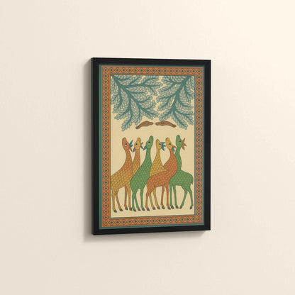 Side View of Forest Companions – Tribal Deer & Nature Gond Painting in Black Color Frame
