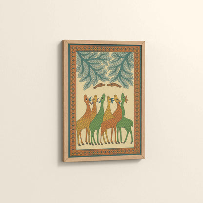 Side View of Forest Companions – Tribal Deer & Nature Gond Painting in Natrual Color Frame