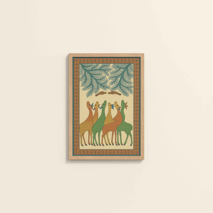 Wall View of Forest Companions – Tribal Deer & Nature Gond Painting in Natrual Color Frame