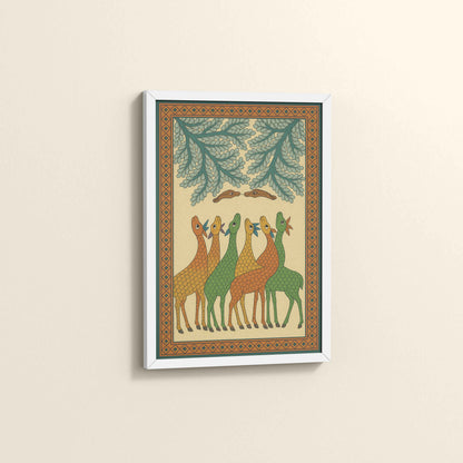 Side View of Forest Companions – Tribal Deer & Nature Gond Painting in White Color Frame