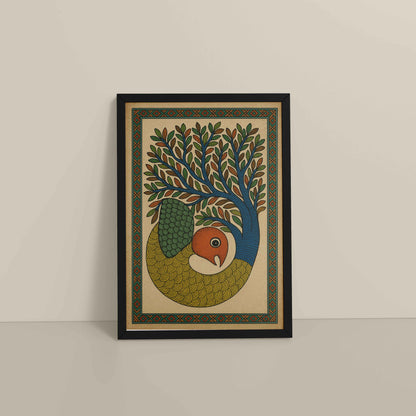 Floor View of Fish in Traditional Gond Art Painting in Black Color Frame