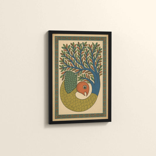 Side View of Fish in Traditional Gond Art Painting in Black Color Frame