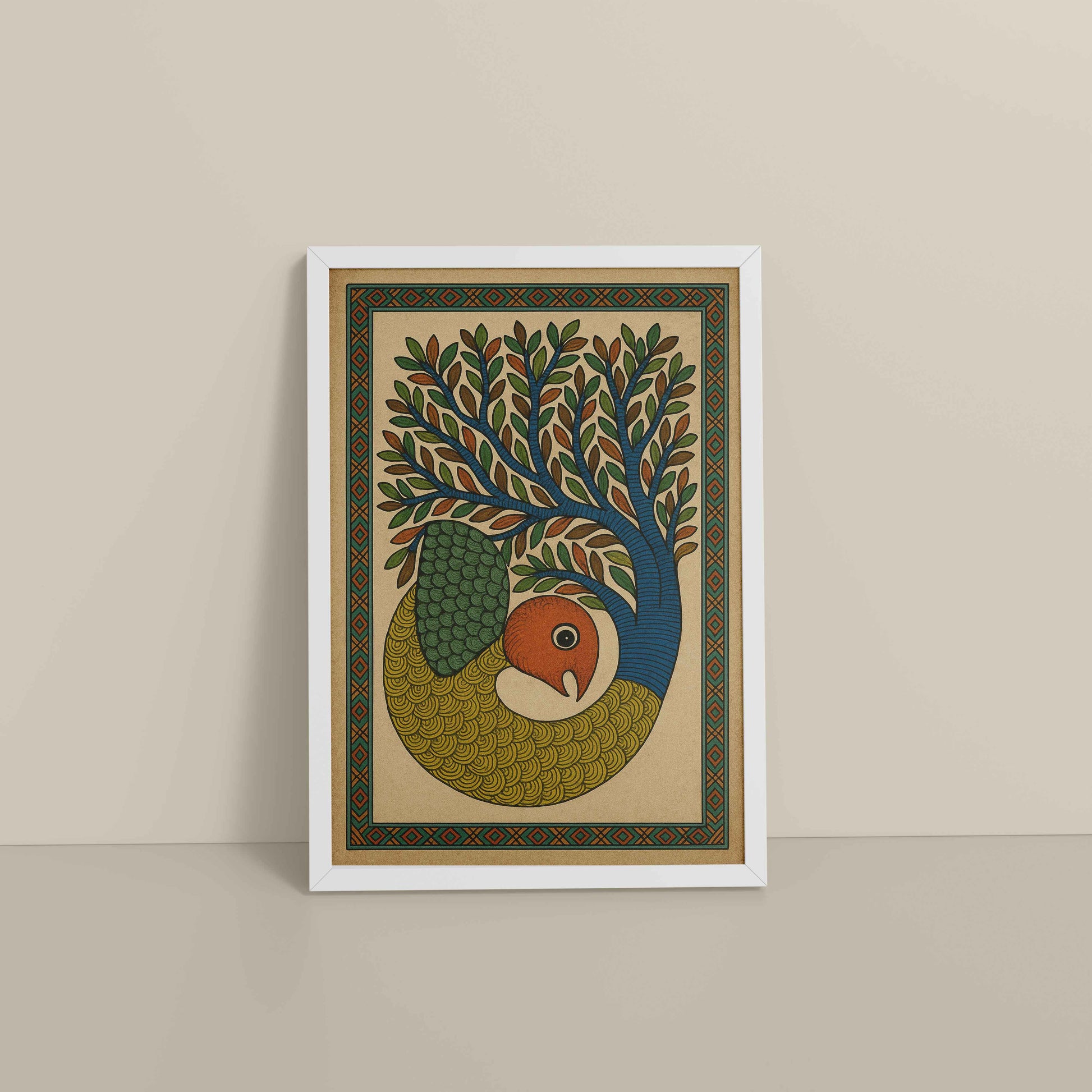 Floor View of Fish in Traditional Gond Art Painting in White Color Frame