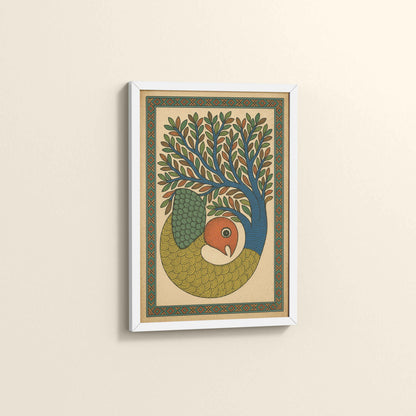 Side View of Fish in Traditional Gond Art Painting in White Color Frame