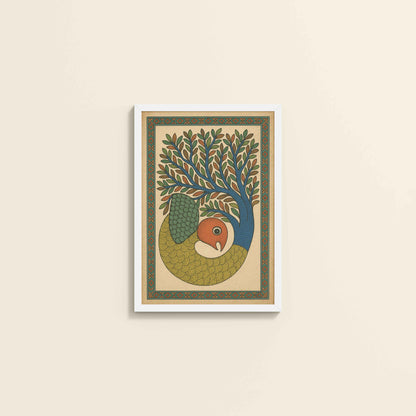 Wall View of Fish in Traditional Gond Art Painting in White Color Frame