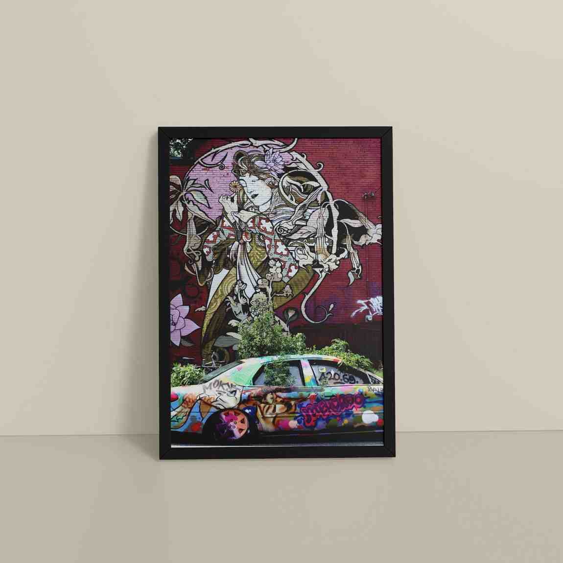 Floor View of Graffiti Elegance – Woman, Car & Floral Print Wall Frame in Black Color Frame