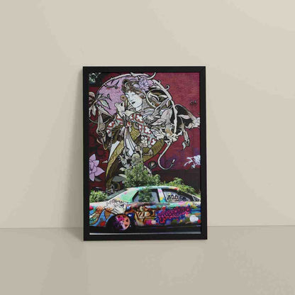 Floor View of Graffiti Elegance – Woman, Car & Floral Print Wall Frame in Black Color Frame