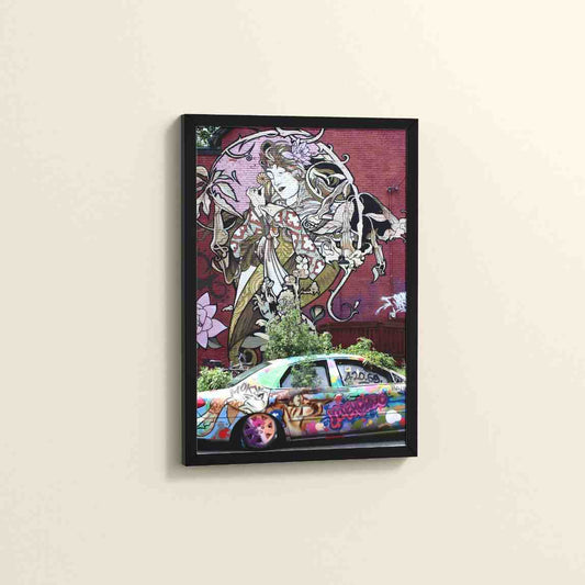 Side View of Graffiti Elegance – Woman, Car & Floral Print Wall Frame in Black Color Frame