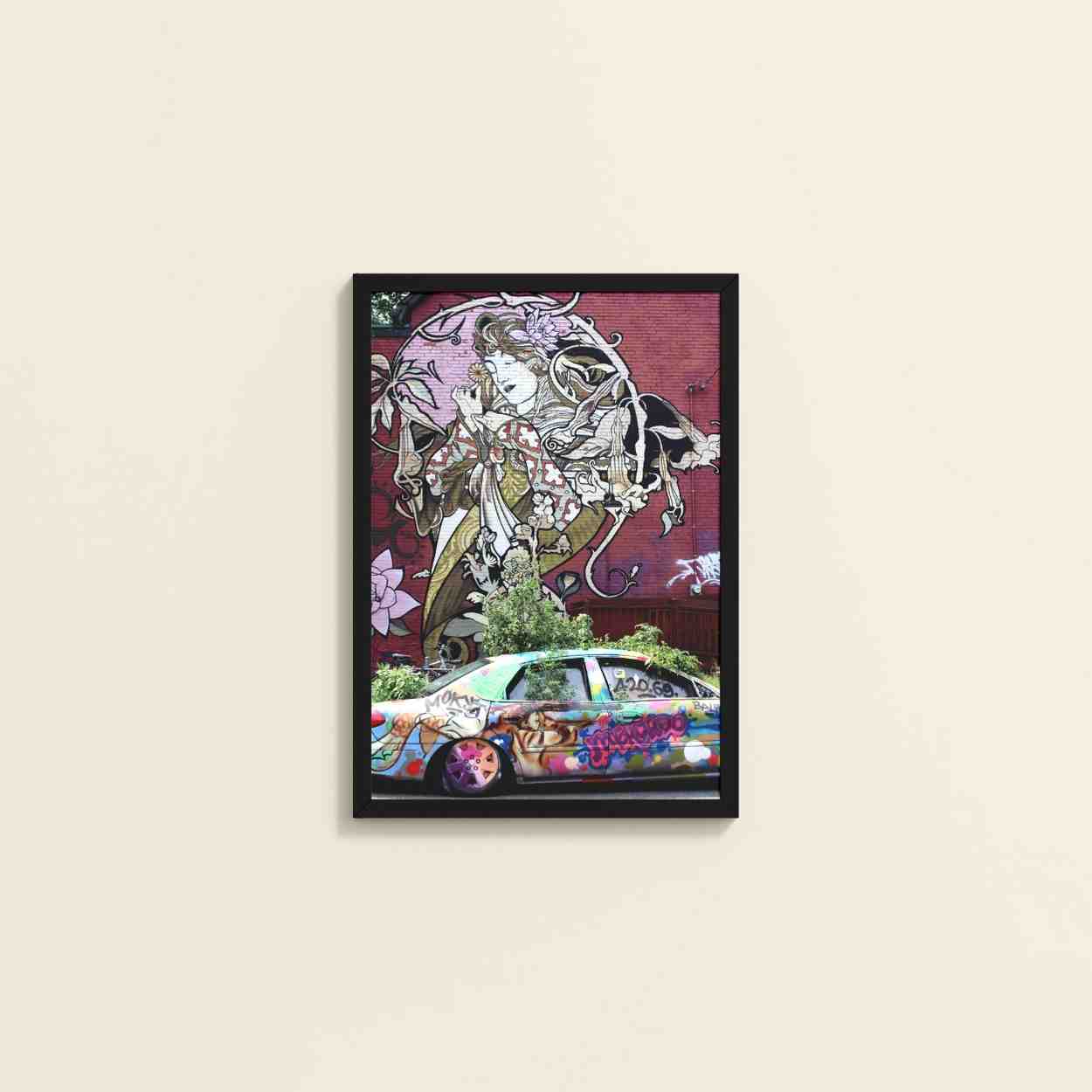 Wall View of Graffiti Elegance – Woman, Car & Floral Print Wall Frame in Black Color Frame