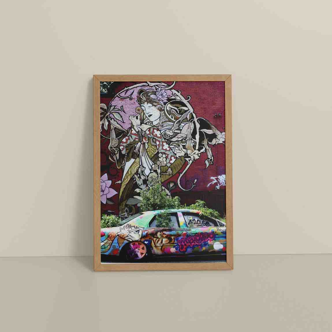 Floor View of Graffiti Elegance – Woman, Car & Floral Print Wall Frame in Natrual Color Frame