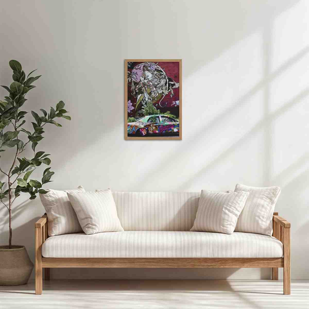 Living Room Cabinet Table Preview of Graffiti Elegance – Woman, Car & Floral Print Wall Frame in Natrual Color Frame