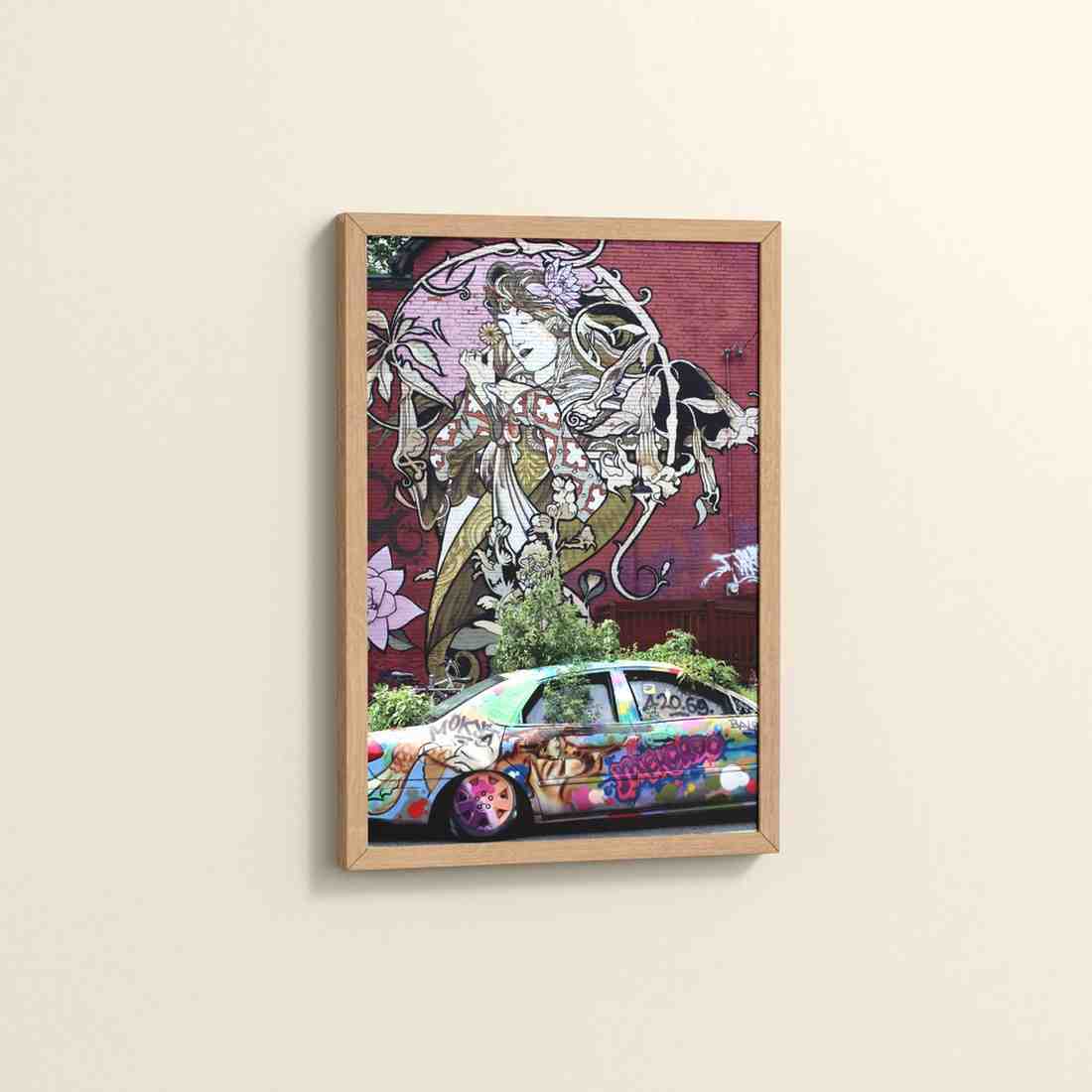 Side View of Graffiti Elegance – Woman, Car & Floral Print Wall Frame in Natrual Color Frame