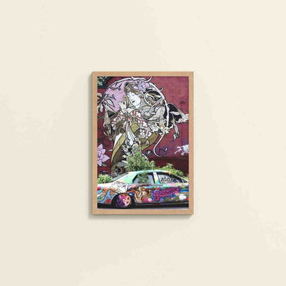 Wall View of Graffiti Elegance – Woman, Car & Floral Print Wall Frame in Natrual Color Frame