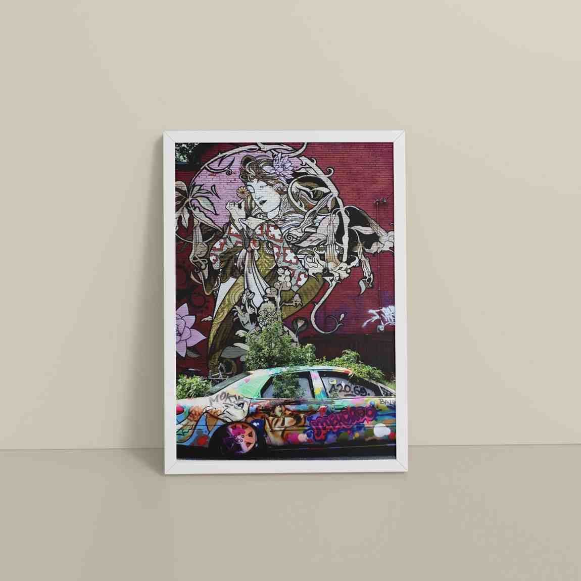 Floor View of Graffiti Elegance – Woman, Car & Floral Print Wall Frame in White Color Frame