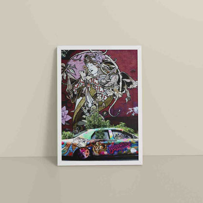 Floor View of Graffiti Elegance – Woman, Car & Floral Print Wall Frame in White Color Frame