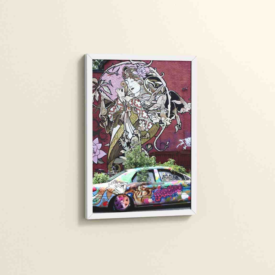 Side View of Graffiti Elegance – Woman, Car & Floral Print Wall Frame in White Color Frame