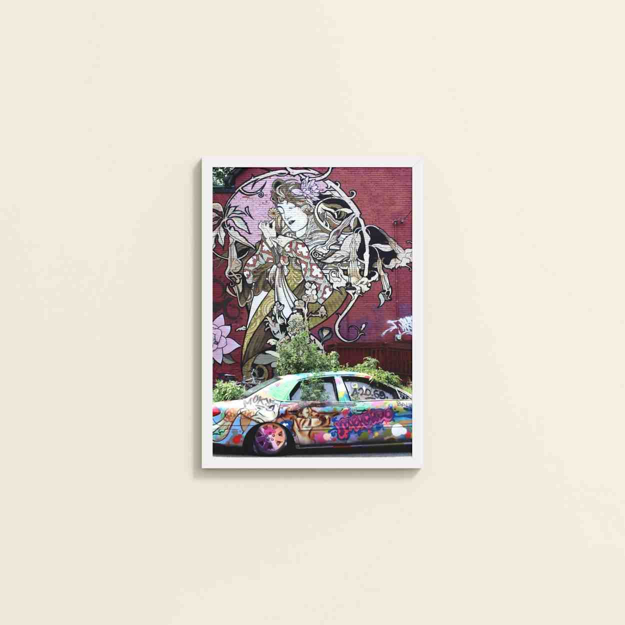 Wall View of Graffiti Elegance – Woman, Car & Floral Print Wall Frame in White Color Frame