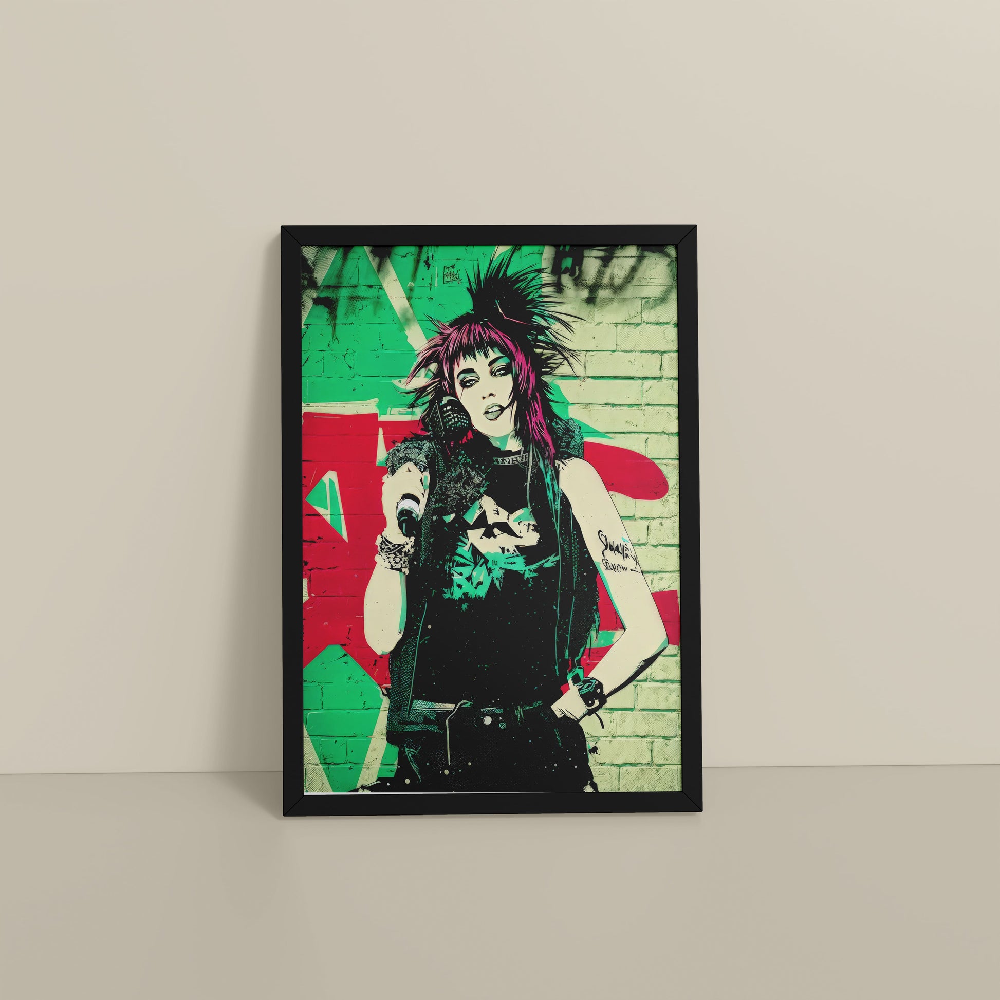 Floor View of Urban Rebel – Grunge Girl Graffiti Wall Art Frame in Black Color Frame