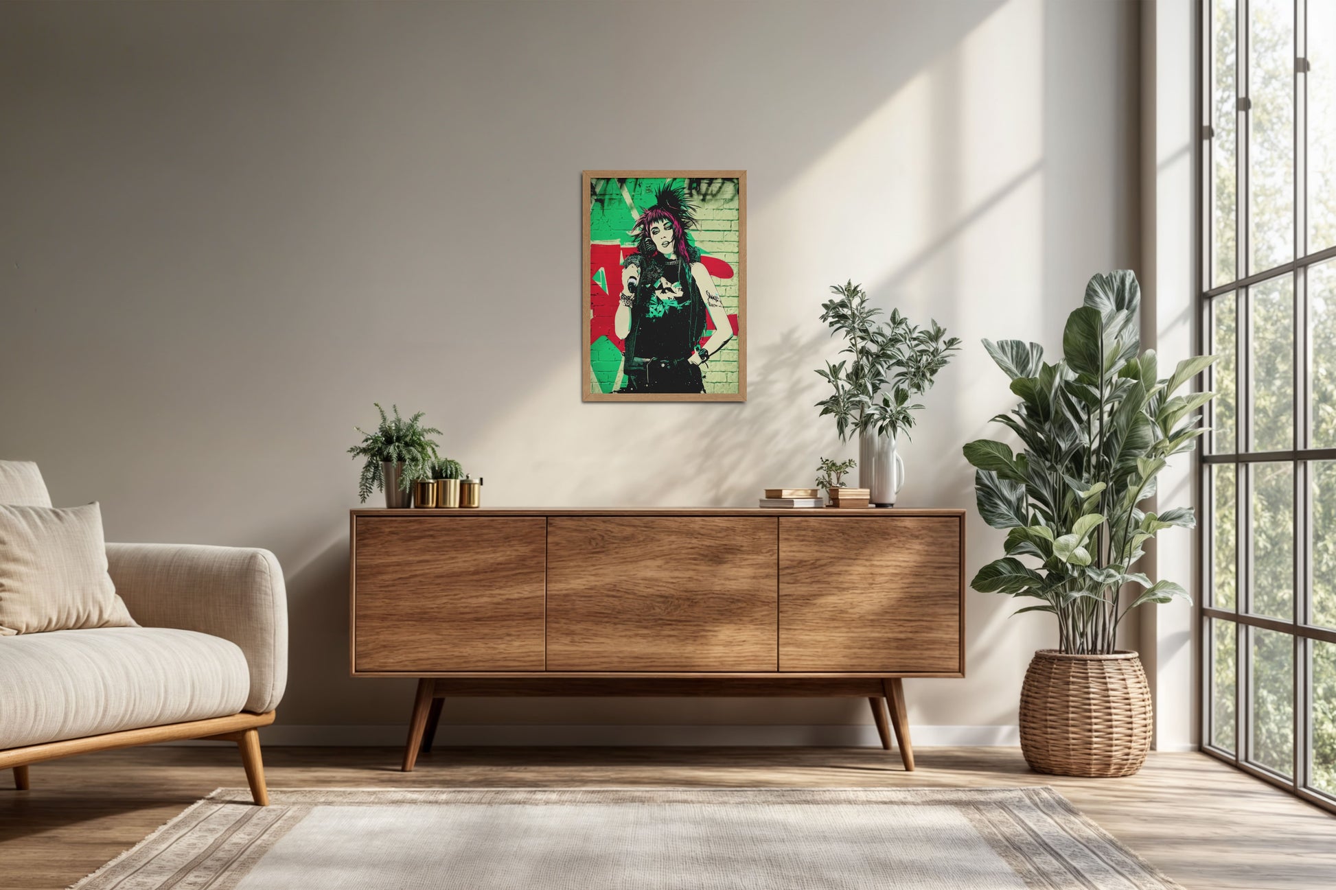Living Room Cabinet Preview of Urban Rebel – Grunge Girl Graffiti Wall Art Frame in Natrual Color Frame