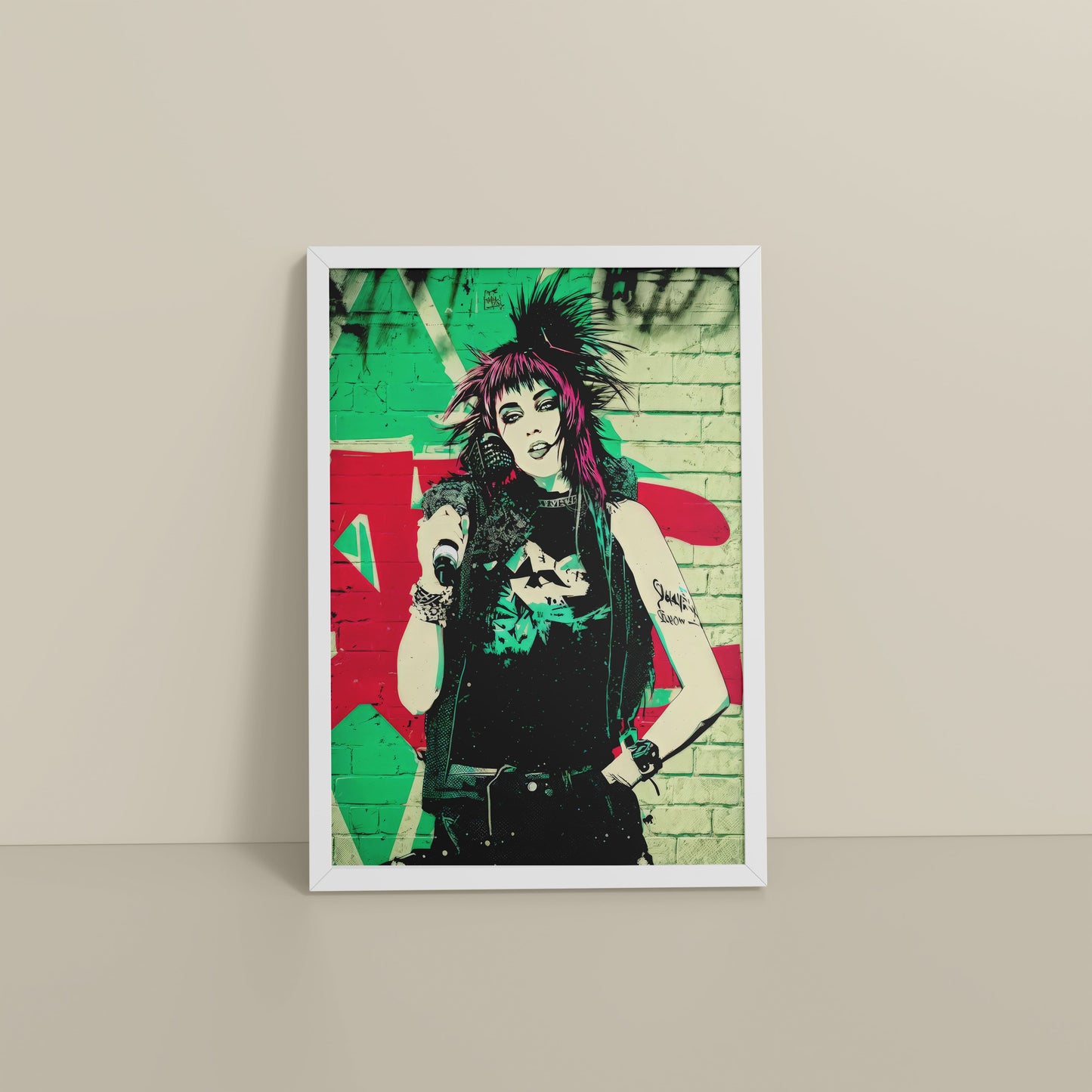 Floor View of Urban Rebel – Grunge Girl Graffiti Wall Art Frame in White Color Frame