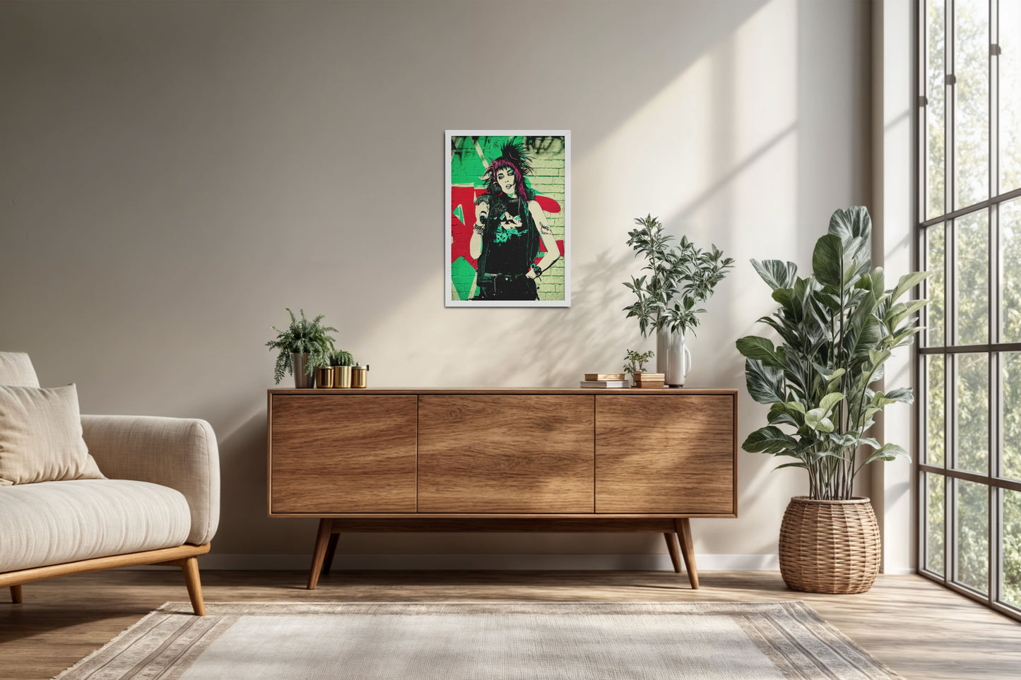 Living Room Cabinet Preview of Urban Rebel – Grunge Girl Graffiti Wall Art Frame in White Color Frame