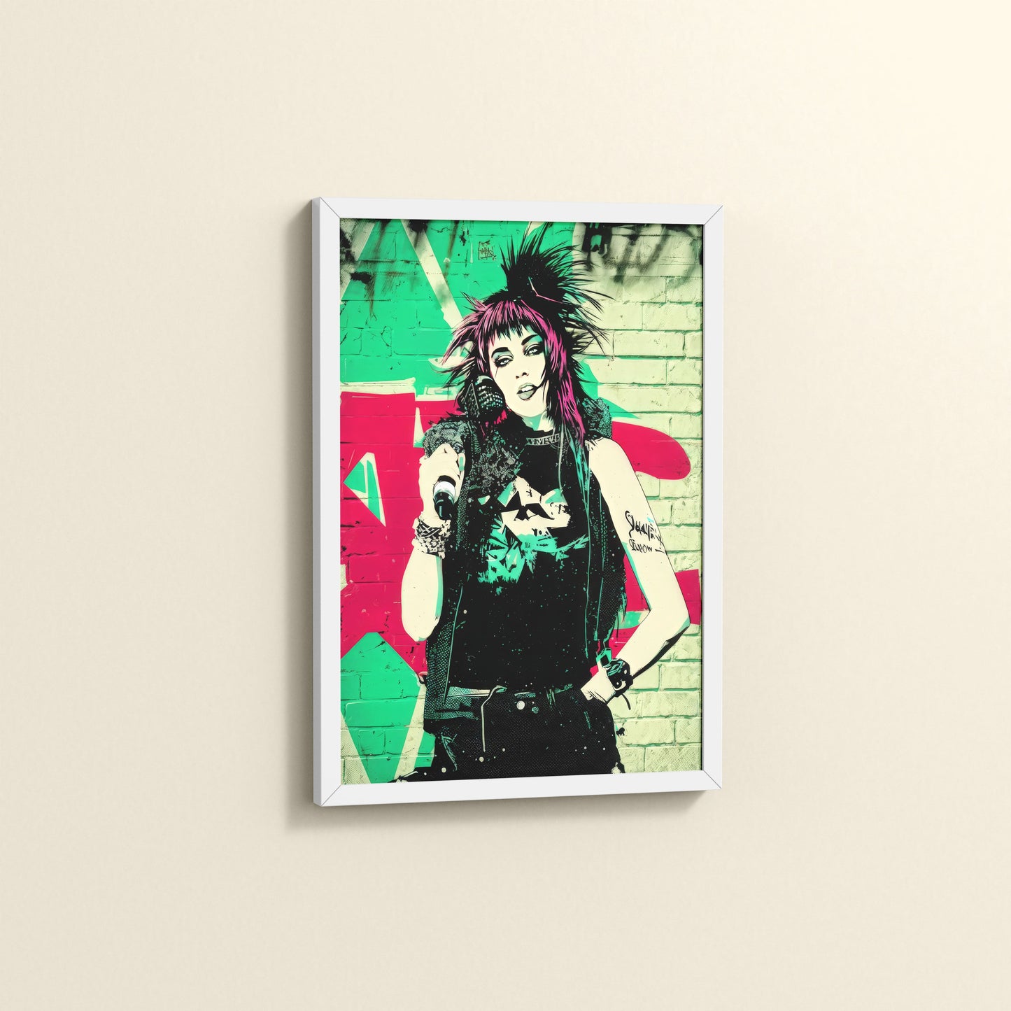Side View of Urban Rebel – Grunge Girl Graffiti Wall Art Frame in White Color Frame