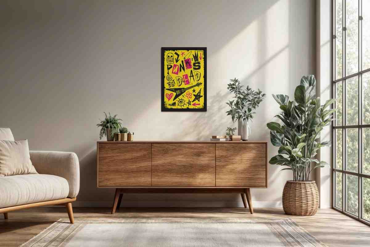 Living Room Cabinet Preview of Punk's Not Dead – Culture Design Wall Art Frame in Black Color Frame