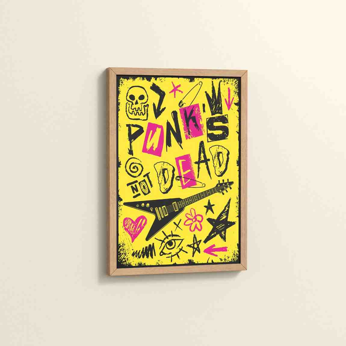 Side View of Punk's Not Dead – Culture Design Wall Art Frame in Natrual Color Frame