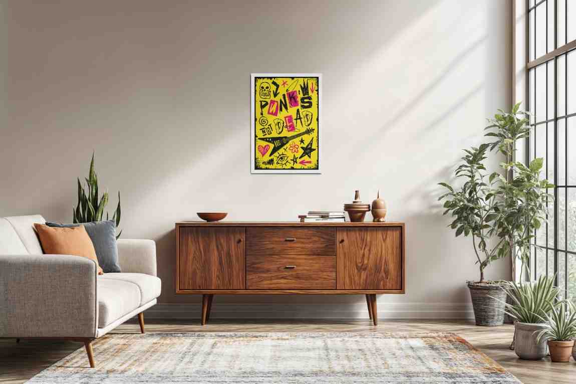 Living Room Sofa Preview of Punk's Not Dead – Culture Design Wall Art Frame in White Color Frame