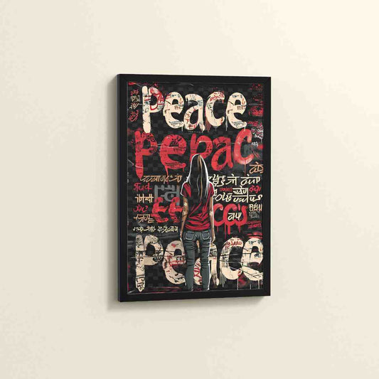 Side View of Peace in Every Language – Graffiti Art Wall Frame in Black Color Frame