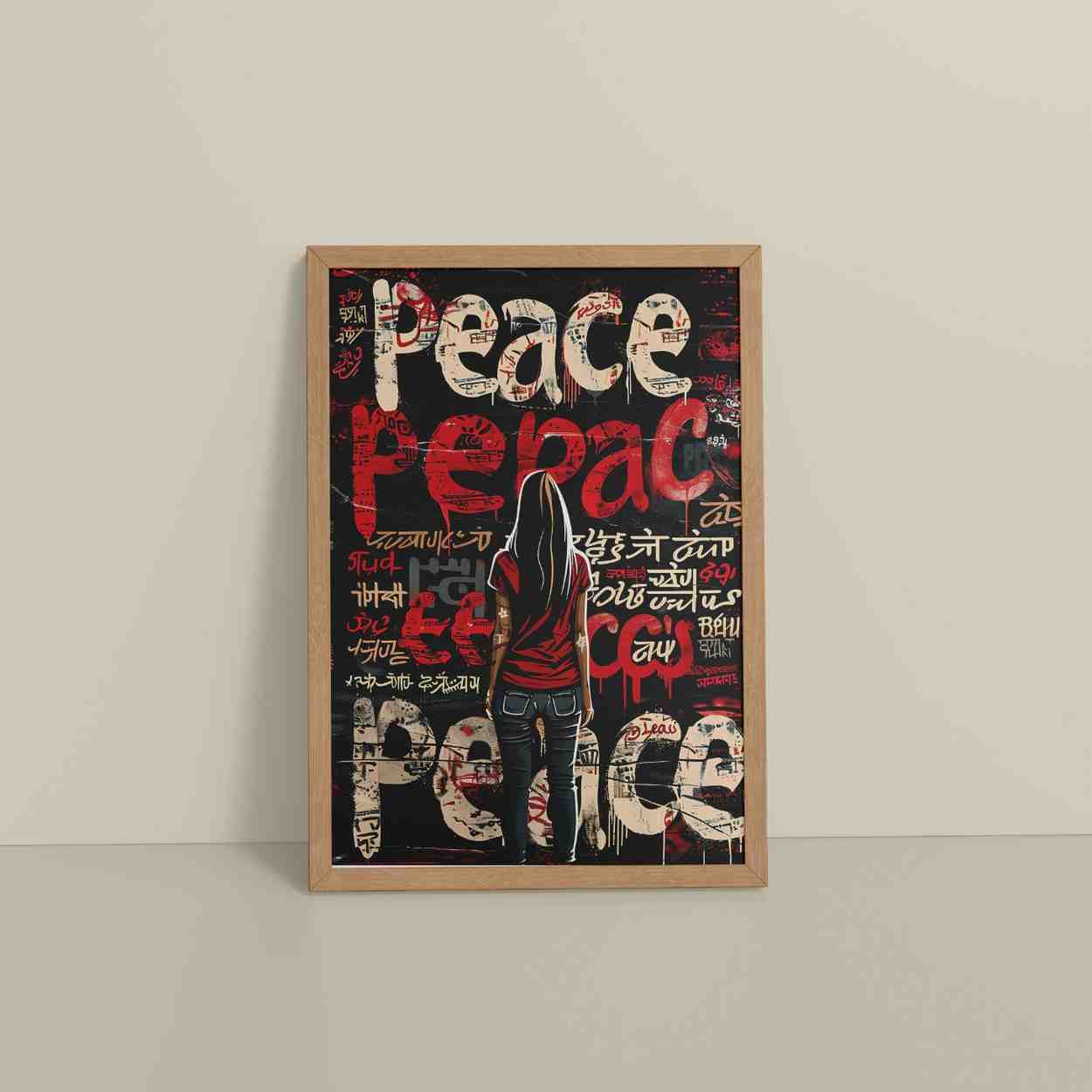 Floor View of Peace in Every Language – Graffiti Art Wall Frame in Natrual Color Frame