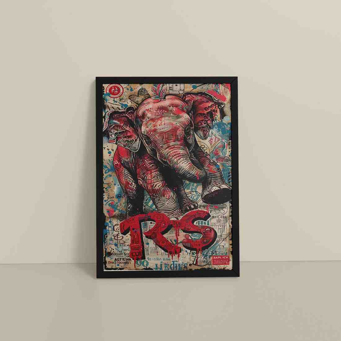 Floor View of Tribal Power – Majestic Elephant in Graffiti Art Frame in Black Color Frame
