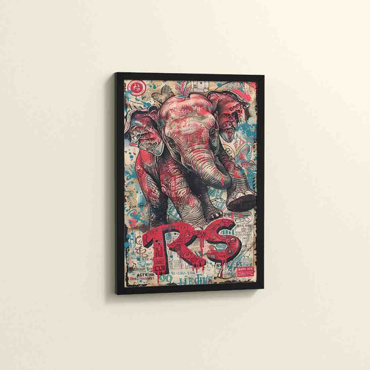 Side View of Tribal Power – Majestic Elephant in Graffiti Art Frame in Black Color Frame