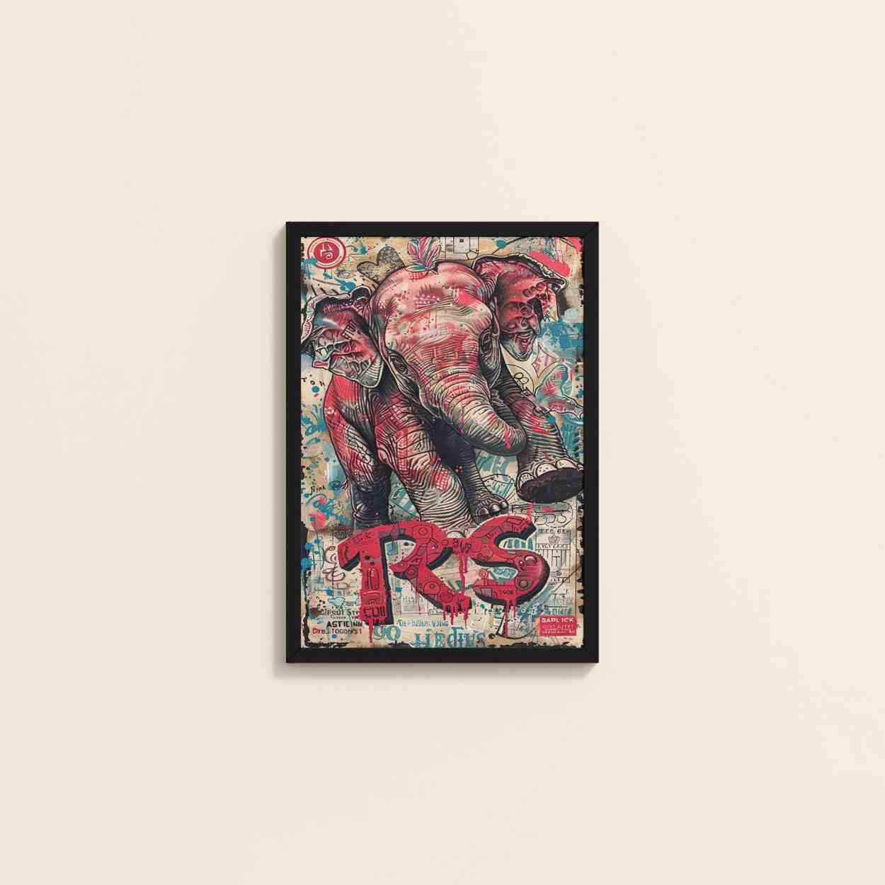Wall View of Tribal Power – Majestic Elephant in Graffiti Art Frame in Black Color Frame