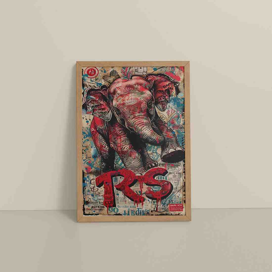 Floor View of Tribal Power – Majestic Elephant in Graffiti Art Frame in Natrual Color Frame