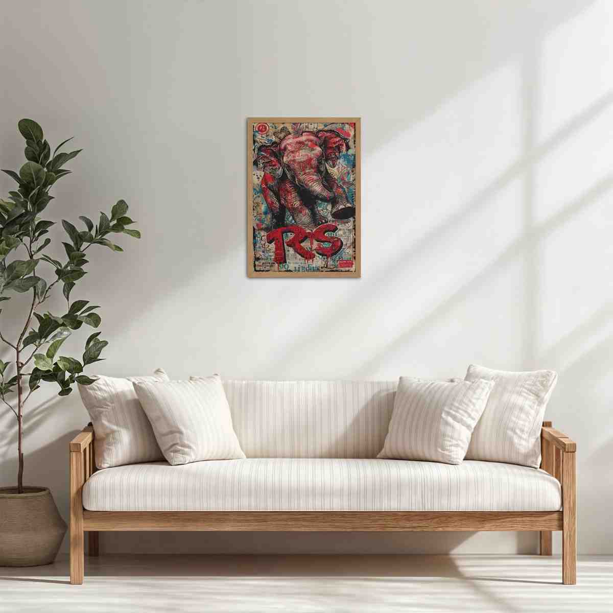 Living Room Cabinet Table Preview of Tribal Power – Majestic Elephant in Graffiti Art Frame in Natrual Color Frame