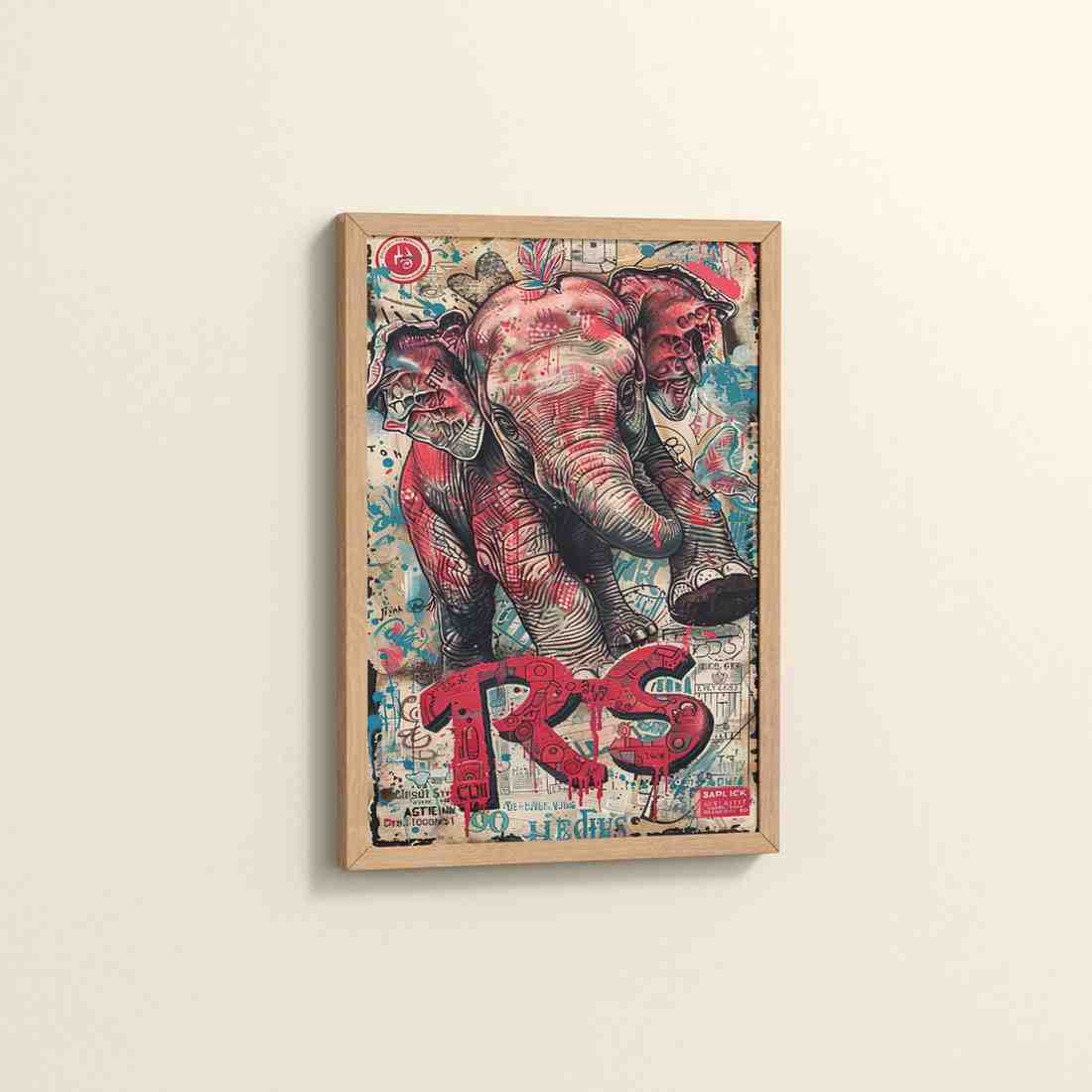 Side View of Tribal Power – Majestic Elephant in Graffiti Art Frame in Natrual Color Frame