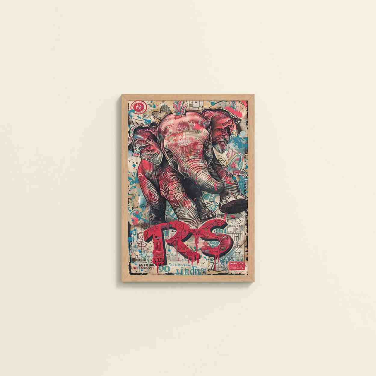 Wall View of Tribal Power – Majestic Elephant in Graffiti Art Frame in Natrual Color Frame