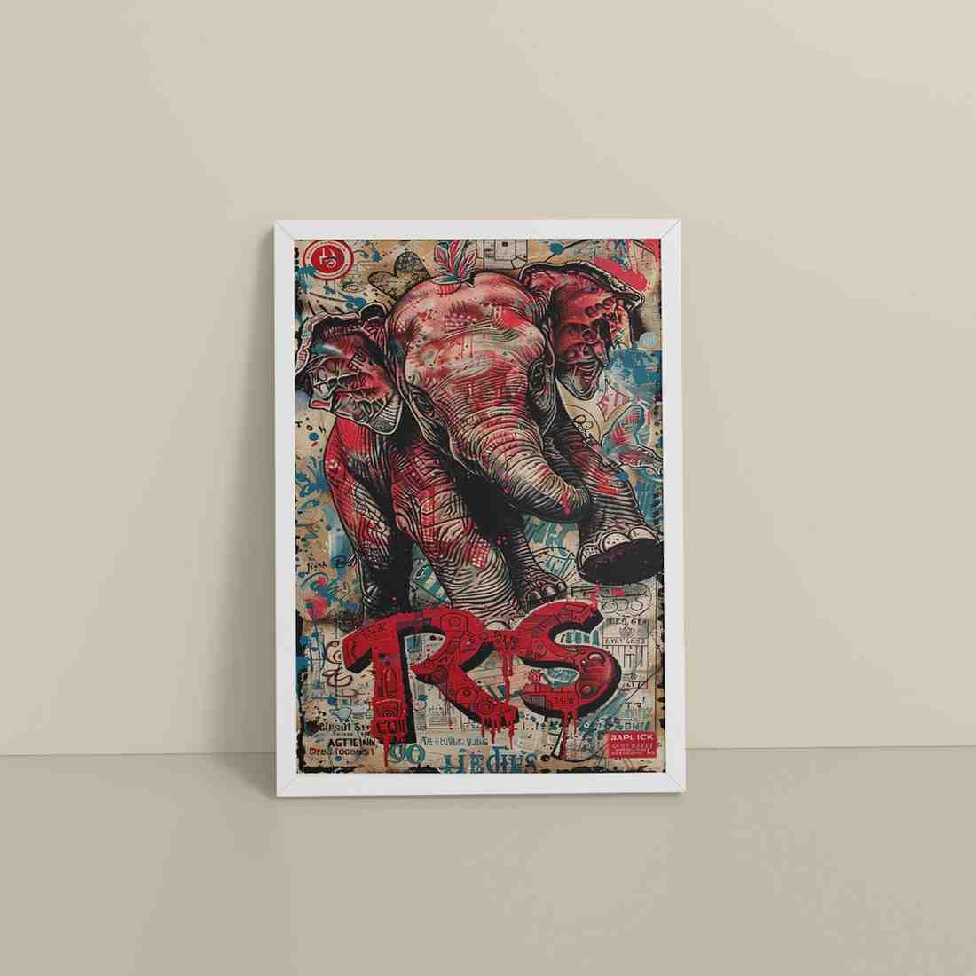 Floor View of Tribal Power – Majestic Elephant in Graffiti Art Frame in White Color Frame