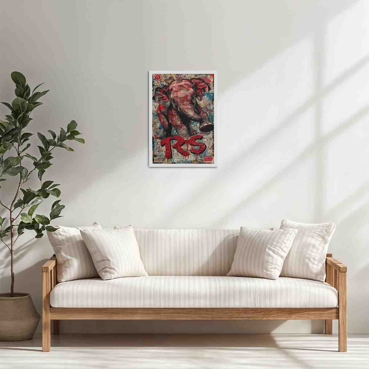 Living Room Cabinet Table Preview of Tribal Power – Majestic Elephant in Graffiti Art Frame in White Color Frame