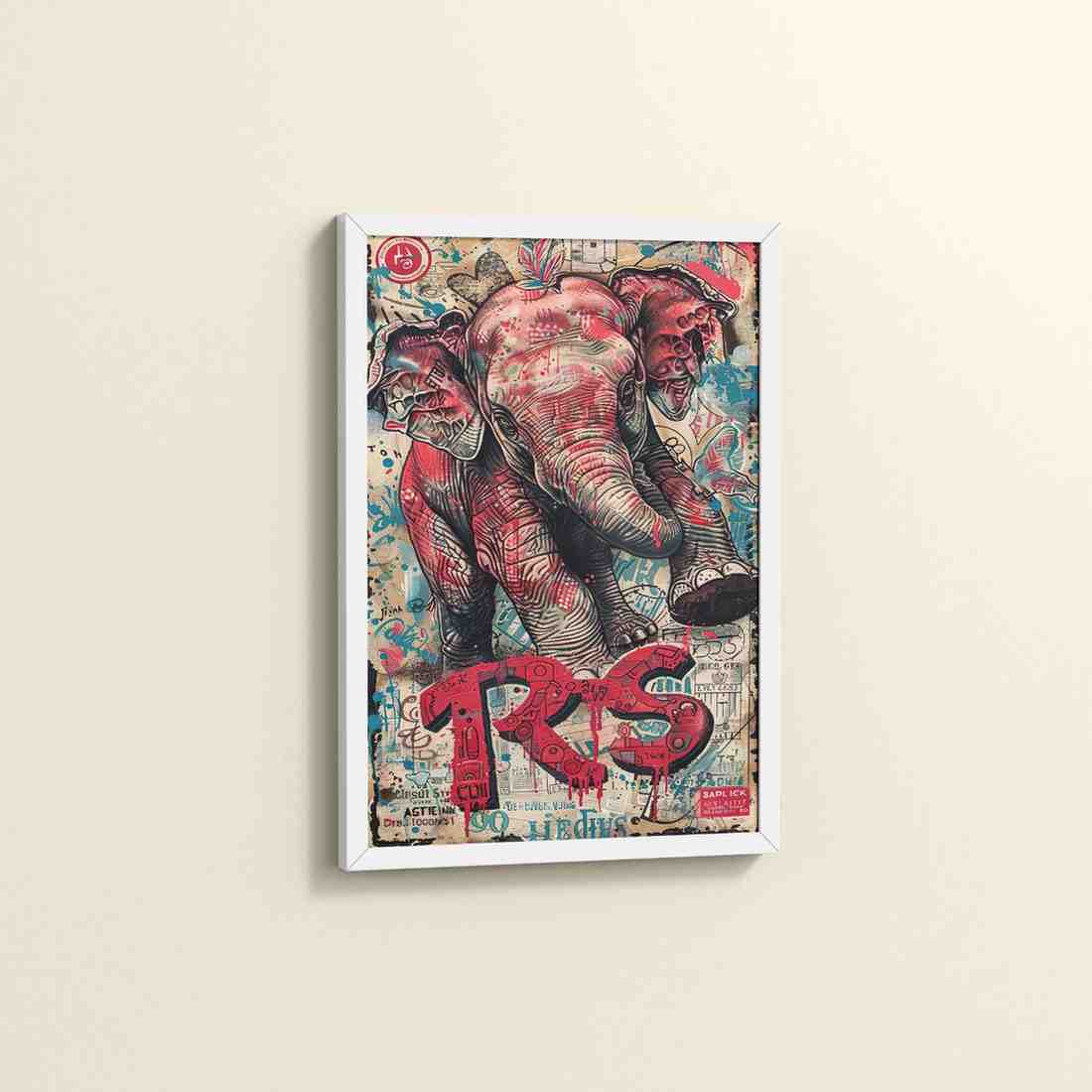 Side View of Tribal Power – Majestic Elephant in Graffiti Art Frame in White Color Frame