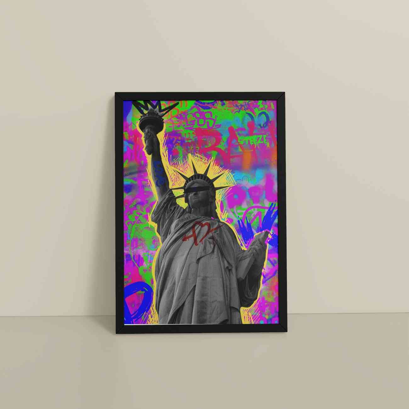 Floor View of Statue of Liberty in Graffiti Wall Art Frame in Black Color Frame