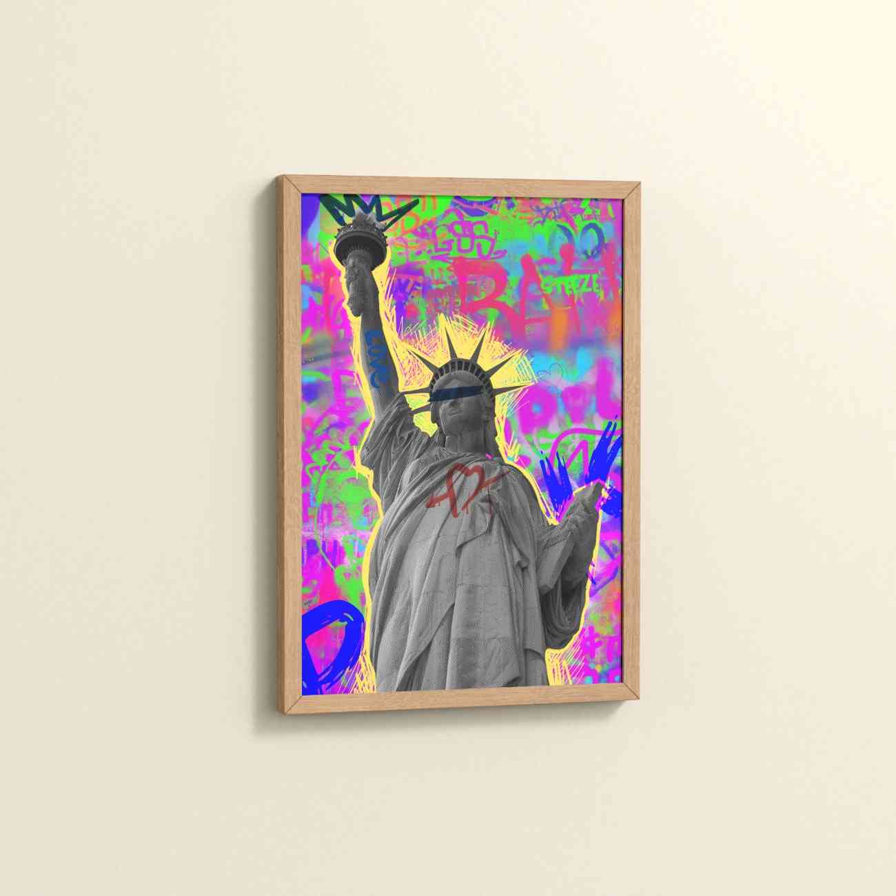 Side View of Statue of Liberty in Graffiti Wall Art Frame in Natrual Color Frame